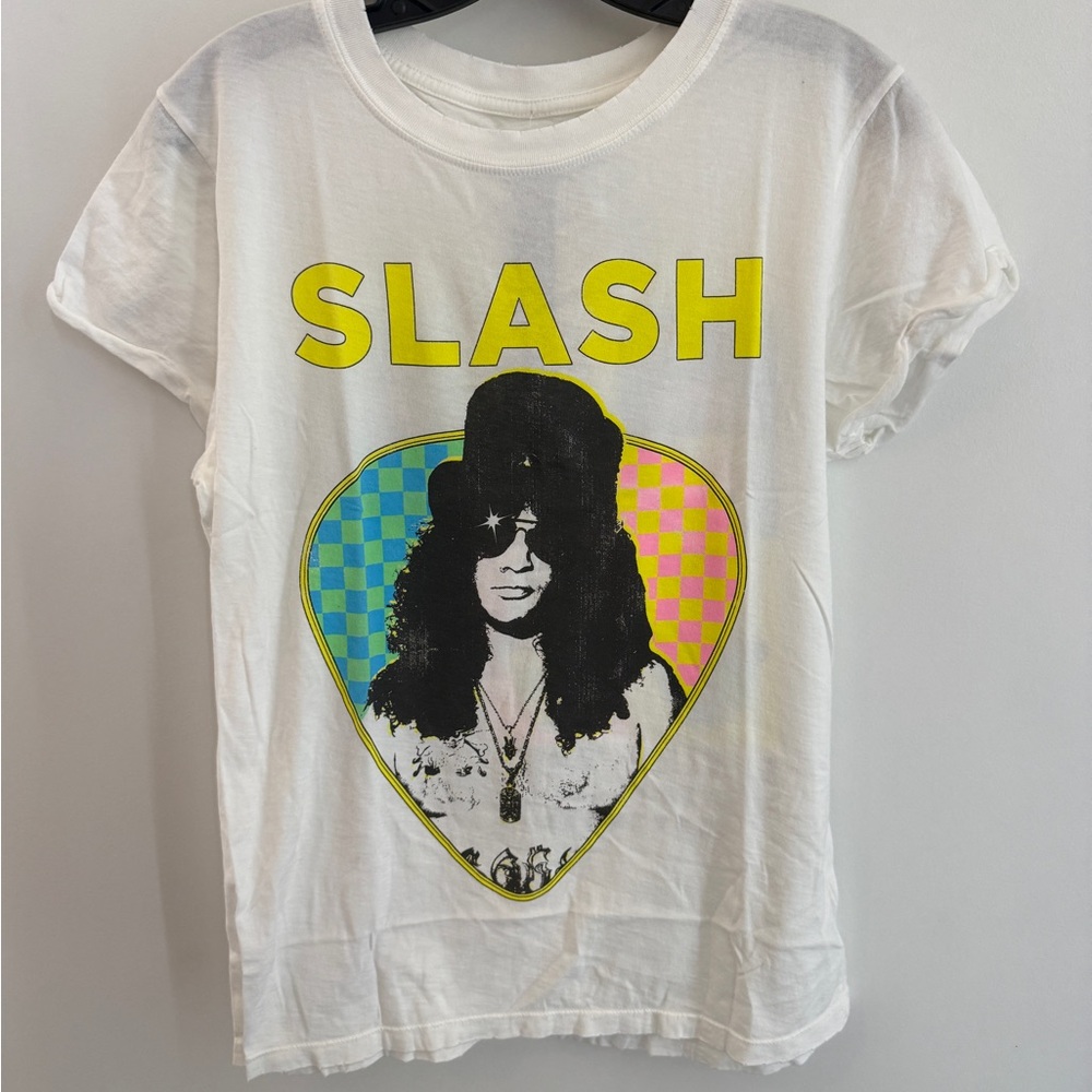 Recycled Karma SLASH White Graphic Tee with Yellow Accents & distressing- NWT